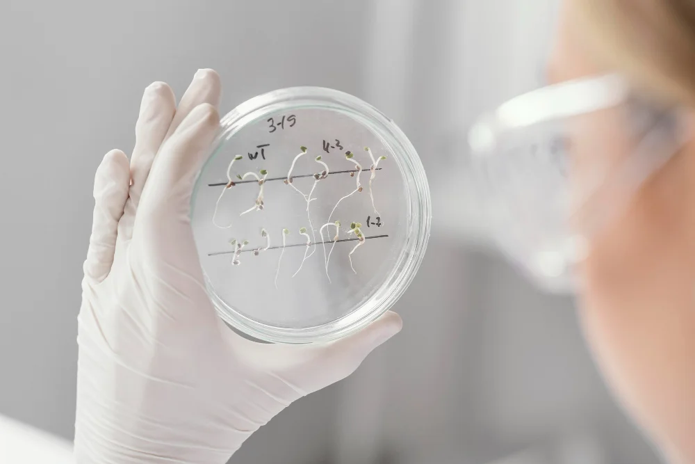 close up scientist holding petri dish copy