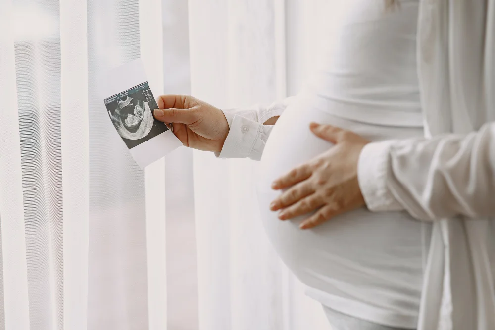 pregnant woman standing by window looking photo copy