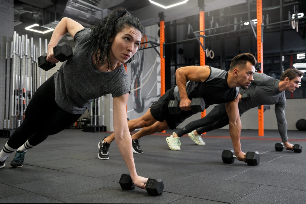 people working out indoors together with dumbbells copy